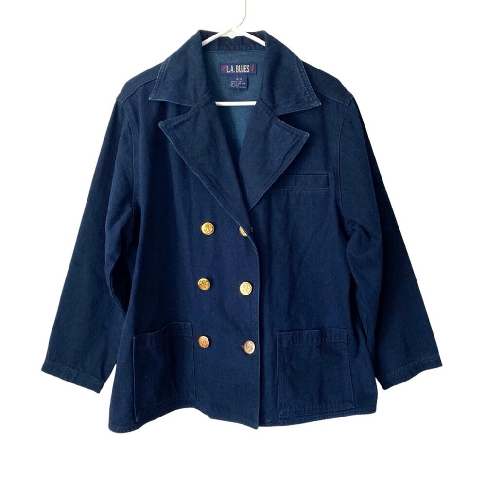 LA Blues Vintage Double Breasted Denim Jean Pea Coat Jacket size 14-16 XL Gold
